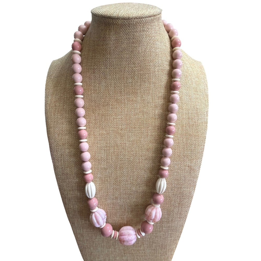 Vintage Pink and Cream Graduated Beaded Necklace Melon Beads Retro Boho Chic